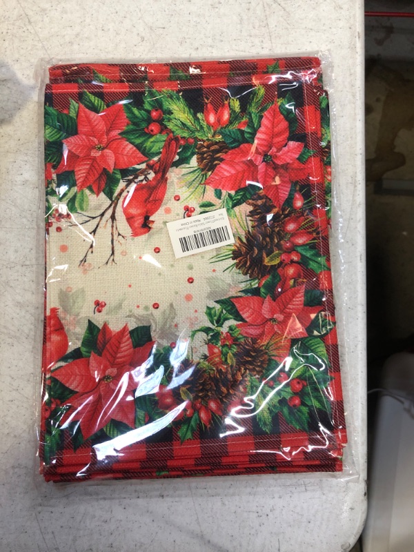 Photo 1 of 7 Pieces Christmas Cardinal Bird Table Runners Placemats Red Black Buffalo Plaid Cardinal Birds Poinsettia Table Runner Xmas Holly and Berry Table Mat Set for Winter Holiday New Year Party Supplies Floral