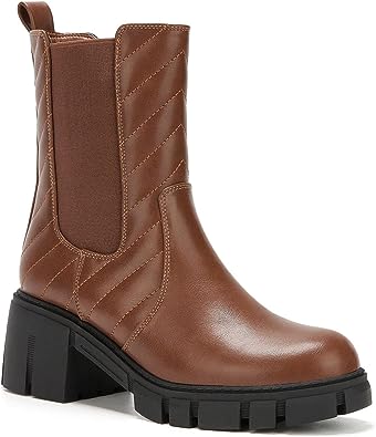 Photo 1 of TINSTREE Women's Lug Sole Platform Boots Mid Calf Elastic Chunky Block Heel Leather Chelsea Booties 9