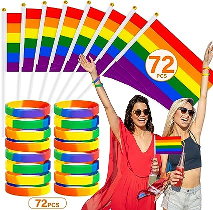 Photo 1 of 144PCS Pride Stuff, 72 Pack Pride Flags 72PCS Pride Bracelets, Handheld Rainbow LGBTQ Flags Rubber Pride Bracelets Bulk, Gay Pride Flags Wristband Accessories Stuff for Parade Party Favors Supplies