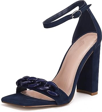 Photo 1 of Ermonn Womens Square Toe Heeled Sandals Dressy Summer Chunky High Heels Ankle Strap Wedding Dress Shoes NAVY BLUE SIZE 8
