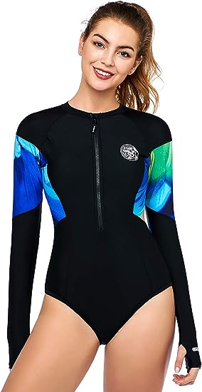 Photo 1 of AXESEA Womens Long Sleeve Rash Guard UV UPF 50+ Sun Protection Printed Zipper Surfing One Piece Swimsuit Bathing Suit size 8
