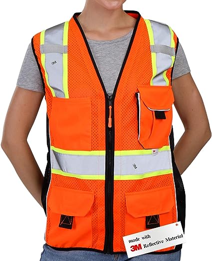 Photo 1 of Dib Safety Vest for Women with Pockets, Mesh Reflective Vest High Visibility, ANSI Class 2 Made with 3M Reflective Tape, Orange and Black XL
