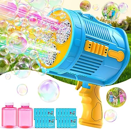 Photo 1 of Bubble Guns Outdoor Kids Toys - Automatic Bubble Guns for Kids Ages 4-8 with 20 Packs Bubble Solution, Bubbles Makers Toys Gift for Boys Girls Summer Outdoor Party Wedding Birthday Party(Blue&Yellow)
