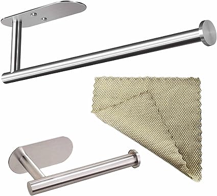 Photo 1 of 1 Toilet Paper Holder& 1 Paper Towel Holder Used in Toilet& Kitchen& Bathroom, Self Adhesive Installing Without Drilling Hole (Stainless Steel, Silver)