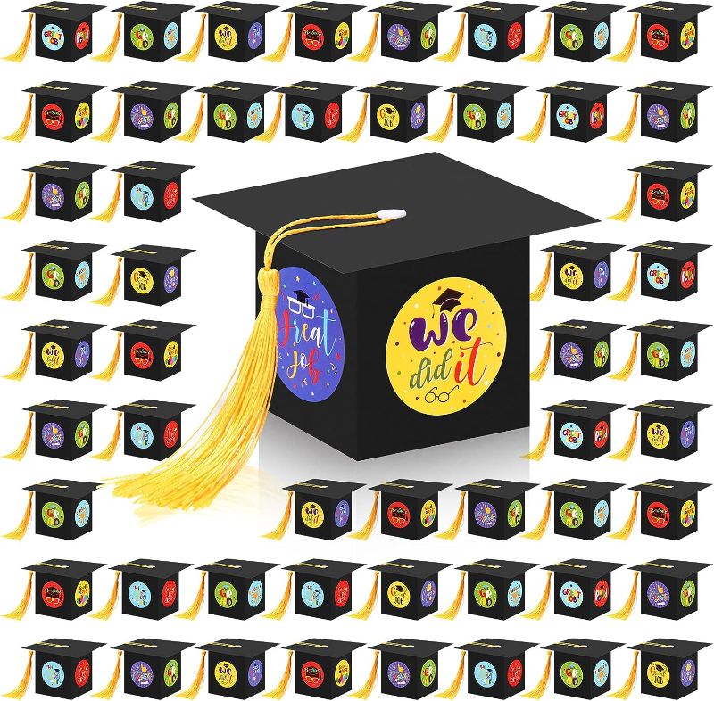 Photo 1 of 50 Pcs Preschool Graduation Candy Boxes Cap Gift Box with 4 Sheets Stickers Kindergarten Graduation Favor Graduation Gifts Graduation Party Favors for Kids Classroom Ceremony Celebration Grad Decors