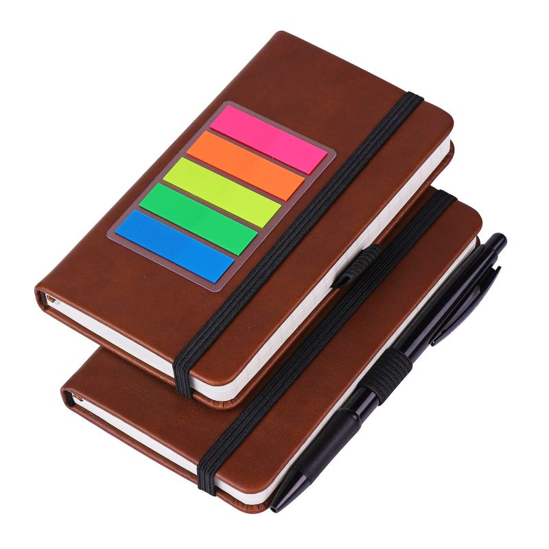 Photo 1 of (2 Pack) Pocket Notebook Small Hardcover Writing Note Book 3" x 5.5", Mini Ruled Lined Journal, Leather Cover, Flat 100 gsm Thick Paper, No Bleed, with Pen Holder, Bookmarks and Inner Pockets, Brown
