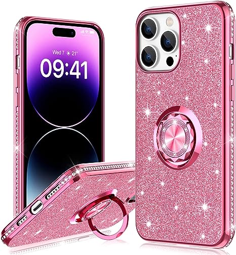 Photo 1 of Bostone Designed for iPhone 14 Pro Case, [Luxury Glitter Rhinestones] Protective Case with Ring Holder Stand, TPU Shockproof Women Girls Phone Cover for iPhone 14 Pro 6.1 Inch - Pink 3 pack 