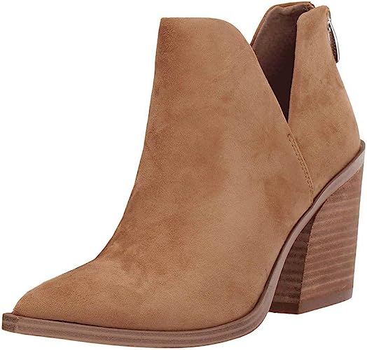 Photo 1 of FISACE Women's Pointed Toe Stacked Mid Heel V Cut Back Zipper Ankle Boots. size 5.5