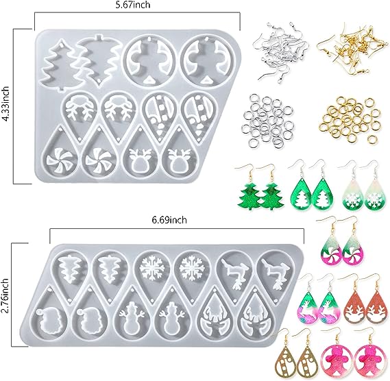 Photo 1 of 12 Pair Christmas Earring Mold Resin Silicone with Earring Hooks and Jump Ring Earring Casting Mold for Christmas Tree Elk Snowflake Resin Earring Keychains Epoxy Craft Xmas DIY Jewelry Making Kit
