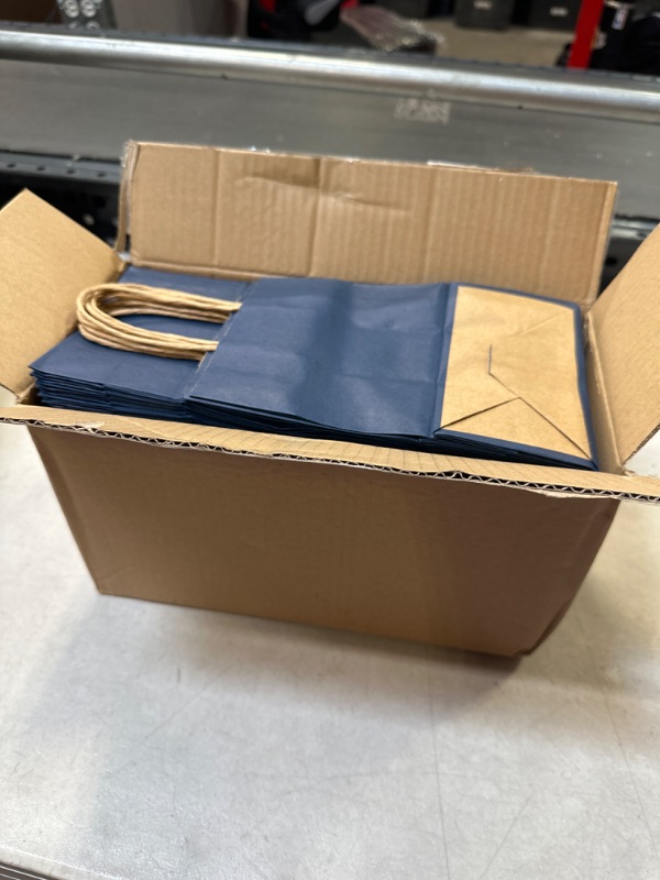 Photo 2 of 100 Pack 5.25x3.25x8 inch Small Blue Kraft Paper Bags with Handles Bulk, Bagmad Gift Bags, Craft Grocery Shopping Retail Party Favors Wedding Bags Sacks (Navy Blue, 100pcs)