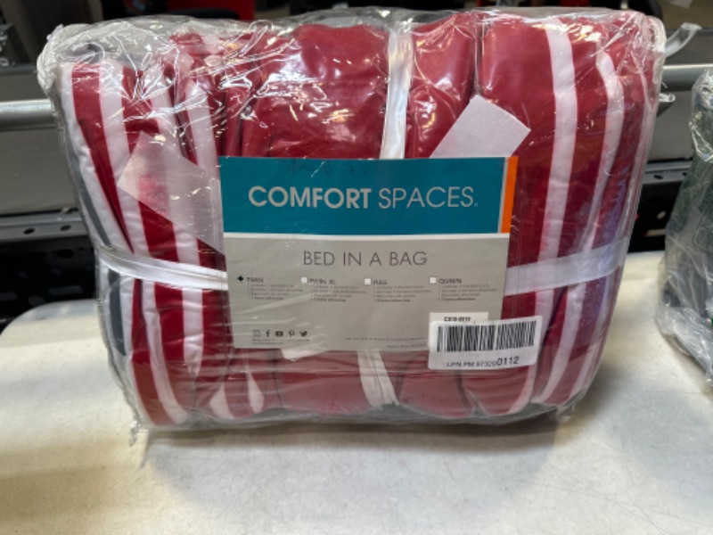 Photo 2 of Comfort Spaces Bed in A Bag Comforter Set - College Dorm Room Essentials, Complete Dormitory Bedroom Pack And Sheet with 2 Side Pockets, Twin, Colin Red/Grey 6 Piece Colin, Stripe Red/Grey Twin