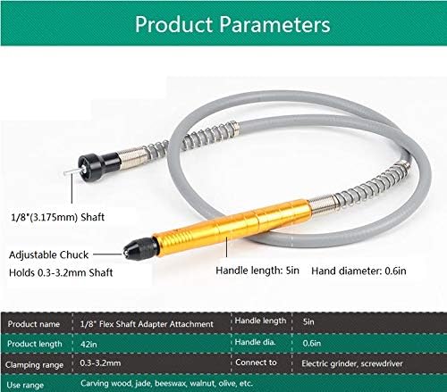 Photo 1 of 1/8"(3.175mm) Flex Shaft Adapter Attachment, 42in Long Flexible Drill Extension Cable, with Adjustable Chuck Head, Holds 0.3-3.2mm Shaft, for Polishing Kits, Drill Bits, Wire Brushes(Golden)