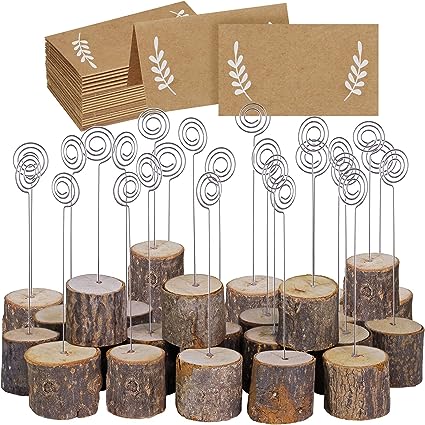Photo 1 of 30 Pcs Rustic Wood Place Card Holders with Swirl Wire Wooden Bark Memo Holder Stand Card Photo Picture Note Clip Holders 5.8" and Kraft Place Cards Bulk for Wedding Party Table Number Name Sign