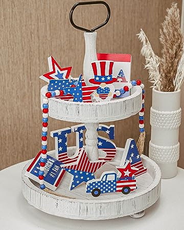 Photo 1 of 11 Pcs 4th of July Tiered Tray Decor Wood Patriotic Decorations Set Rustic Farmhouse Decor Independence Day Small Star Sign Red White Blue Blocks Decor for American Flag Memorial Day Decor Home Party