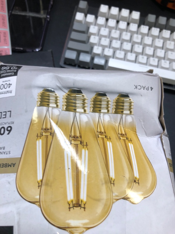 Photo 2 of 60W Equivalent ST19 Dimmable Straight Filament Amber Glass Vintage Edison LED Light Bulb, Warm White (4-Pack)