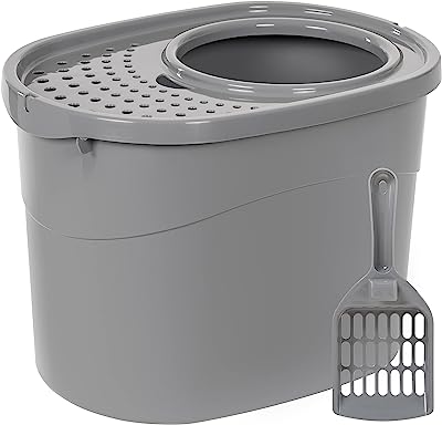 Photo 1 of Amazon Basics Top Entry Cat Litter Box and Scoop, Oval, Grey, 20.5 x 14.75 x 14.38 inches
