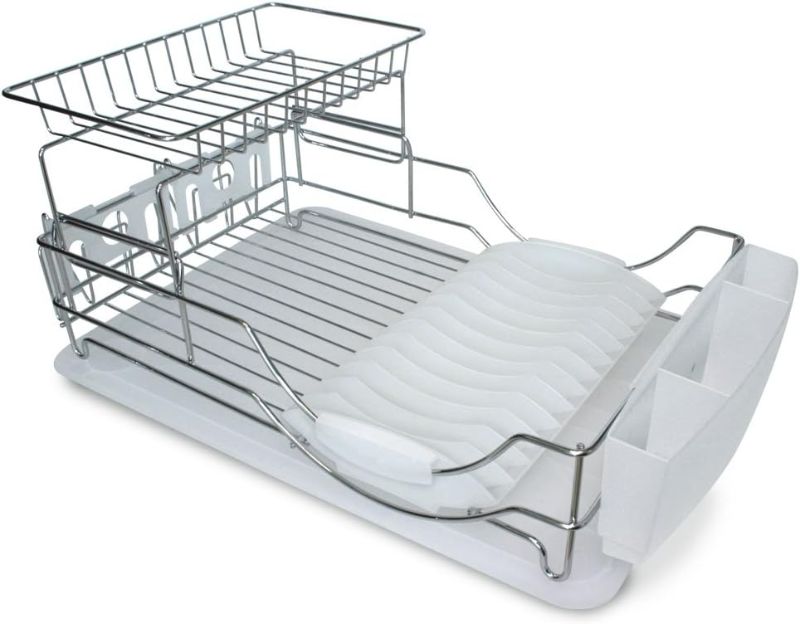 Photo 1 of 2-Tier 23 Inch Chrome Plated Steel Dish Drying Rack with Cutlery Holder and Glass Holders (White)