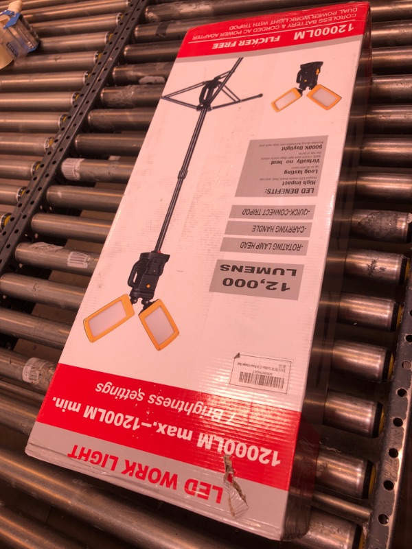 Photo 2 of DAYATECH Cordless 12000 Lumen Work Light with Tripod Stand, Compatible with Dewalt, Milwaukee and Makita 18-20v Battery, Brightness Adjustable, Glare and Flicker Free, with Power Charger, Red Battery Adaptor/Charger Red