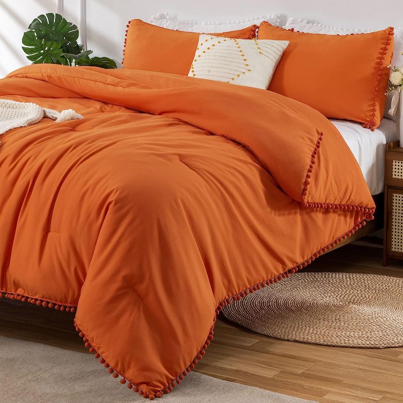 Photo 1 of annadaif Orange Comforter Set Queen Size, Pom Pom Fringe Comforter 3 Pieces, Soft Microfiber Down Alternative Bedding Set for All Season as Gift (1 Comforter,2 Pillowcases)
