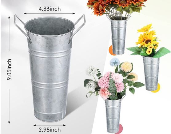 Photo 1 of  1 PC Galvanized Flower Bucket French Metal Bucket 9 Inches Rustic Flower Vase with Handles for Cut Flowers Farmhouse 