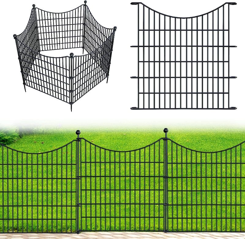 Photo 1 of 5 Panels No Dig Decorative Outdoor Garden Fence for Yard, 32 In(H) X 12ft(L) Animal Barrier Fencing Rustproof Metal Wire Panel Border for Dog, Rabbits, and Patio Temporary Ground Stakes Defense- Black
