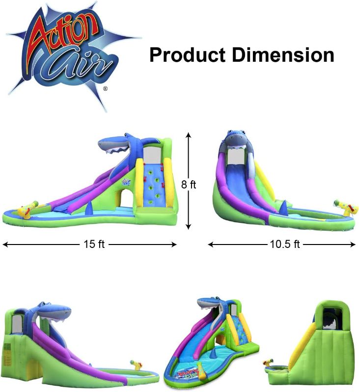 Photo 2 of ACTION AIR Inflatable Water Slide, Shark Bounce House with Slide for Wet and Dry, Playground Sets for Kids Backyard, Water Spray & Water Pool, Durable Sewn with Extra Thick Material With Blower