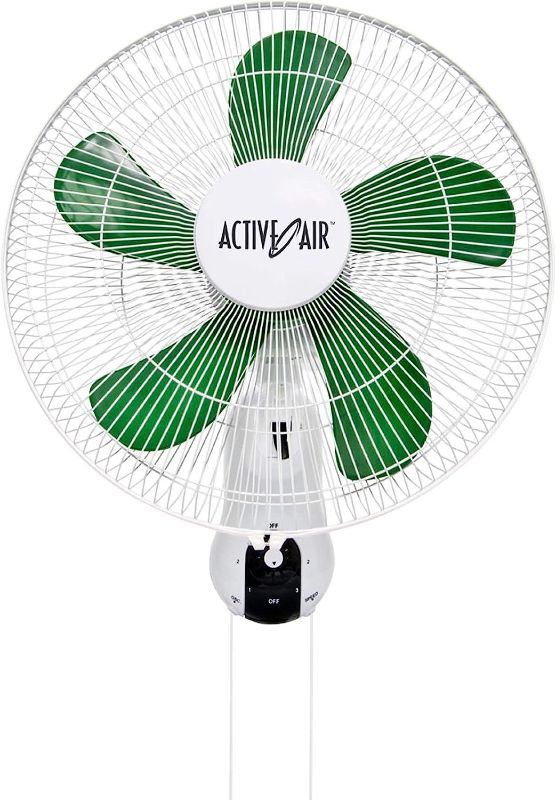 Photo 1 of Active Air ACF16 16 inch 3-Speed Wall-Mountable 90-Degree Oscillating Hydroponic Grow Fan with Spring-Loaded Plastic Clip, White/Green
