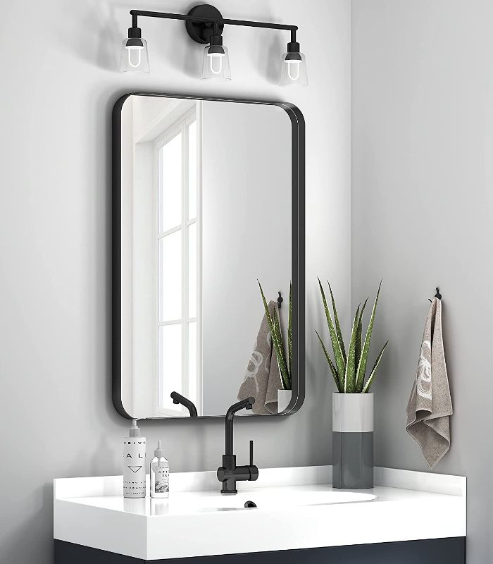 Photo 1 of XHOME Rectangle Metal Frame Wall Mirror for Bathroom 24 x 36 Inch Wall Mounted Vanity Mirror Rounded Corner Black Frame Decorativ