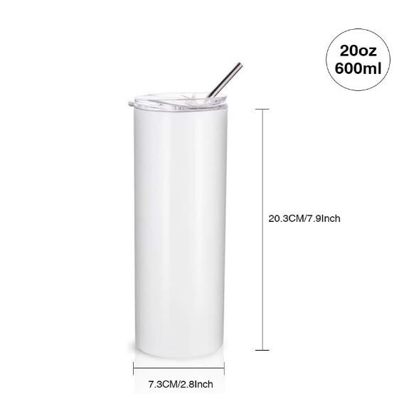 Photo 1 of 1 PC Tumbler 20 oz Skinny, Stainless Steel Double Wall Insulated Straight Tumbler Cup Blank White with Lid Polymer Coating for Heat Transfer - no straw included