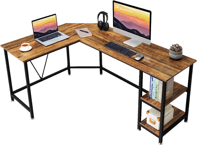 Photo 1 of GreenForest L Shaped Computer Desk with Storage Shelves, 66 inch Corner Computer Home Office Writing Table,Rustic Large Gaming PC Workstation Space Saving, Easy Assembly,Walnut
