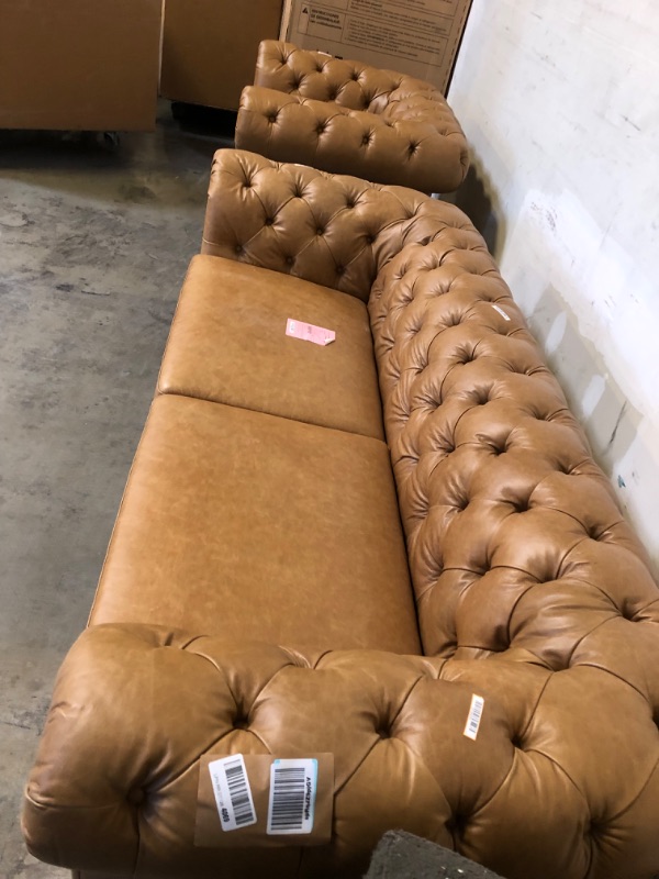 Photo 6 of Amazon Brand – Stone & Beam Bradbury Chesterfield Modern Tufted Leather Loveseat Sofa Couch, 78.7" W, Cognac and Amazon Brand – Bradbury Chesterfield Tufted Leather Accent Chair, 50" W, Cognac----sold as a set 

