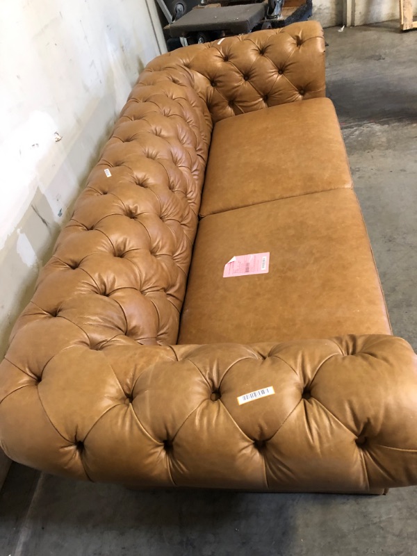 Photo 7 of Amazon Brand – Stone & Beam Bradbury Chesterfield Modern Tufted Leather Loveseat Sofa Couch, 78.7" W, Cognac and Amazon Brand – Bradbury Chesterfield Tufted Leather Accent Chair, 50" W, Cognac----sold as a set 

