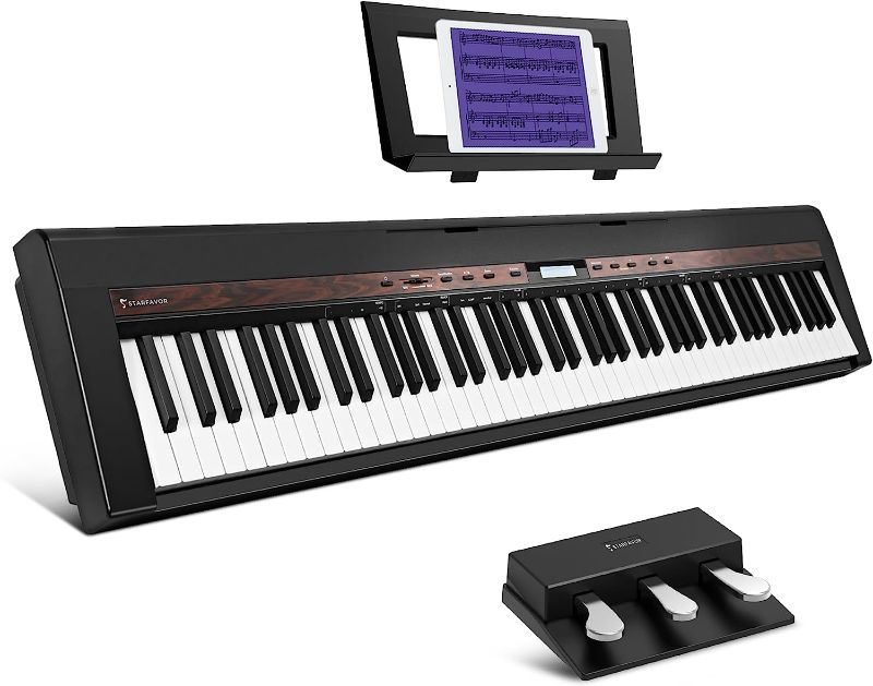 Photo 1 of Starfavor SP-150W Digital Piano,88 Key Weighted Keyboard with Hammer Action,2x30W Speakers,200 Rhythms,238 Tones, Electric Piano Keyboard 88 Keys with Triple Pedal, Wood Grain Pattern, MIDI/USB
