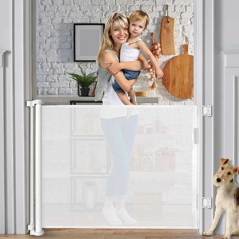 Photo 1 of Extra Wide Retractable Dog Gate Retractable Baby Gates for Stair Mesh Safety Doorway Pet gate Fabric Outdoor Indoor Dog Gate (White)