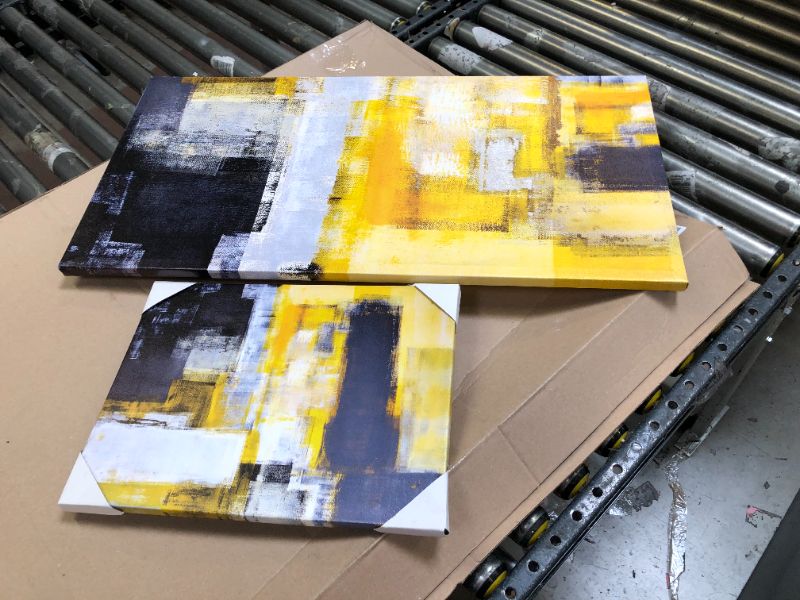 Photo 1 of 2 BLACK AND YELLOW ABSTRACT ART CANVAS PAINTINGS 