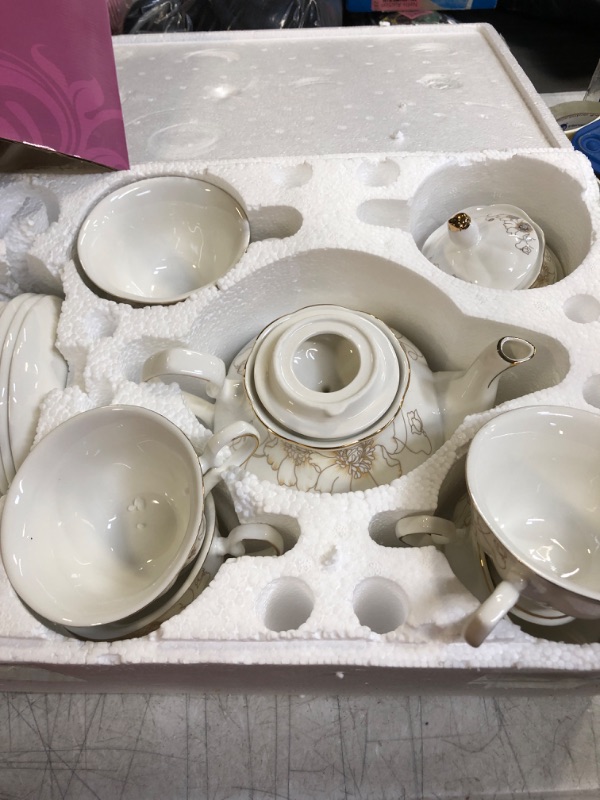 Photo 4 of 22-Piece Porcelain Ceramic Coffee Tea Gift Sets, Cups& Saucer Service for 6, Teapot, Sugar Bowl, Creamer Pitcher and Teaspoons. Chrysanthemum (STAND NOT INCLUDED) -missing one teacup-