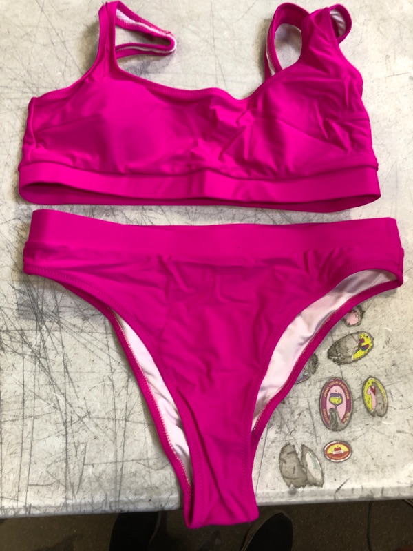 Photo 2 of High Waisted Bikini for Women Tummy Control Bottoms Push Up Crop Top Swimsuit 2 Piece High Cut Teens Girls Bathing Suits Hot Pink Sports Bikini Medium