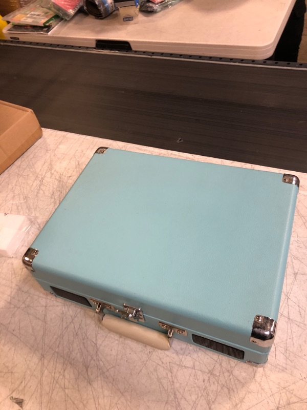 Photo 4 of Crosley CR8005F-TU Cruiser Plus Vintage 3-Speed Bluetooth in/Out Suitcase Vinyl Record Player Turntable, Turquoise/White Bluetooth In/Out Turquoise/White (MISSING CORD) (UNABLE TO TEST)