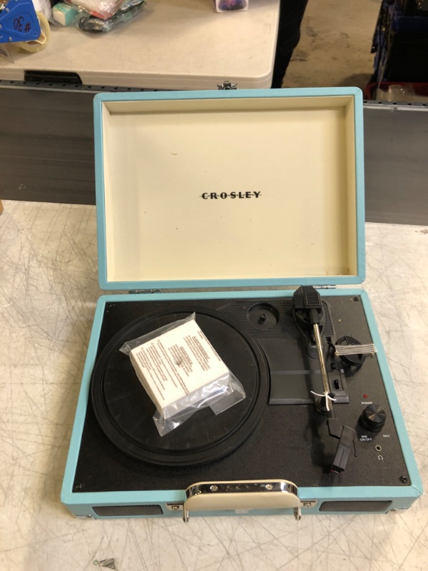 Photo 3 of Crosley CR8005F-TU Cruiser Plus Vintage 3-Speed Bluetooth in/Out Suitcase Vinyl Record Player Turntable, Turquoise/White Bluetooth In/Out Turquoise/White (MISSING CORD) (UNABLE TO TEST)