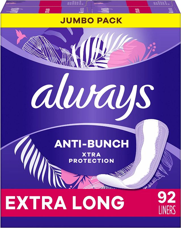 Photo 1 of Always Anti-Bunch Xtra Protection, Panty Liners For Women, Light Absorbency, Extra Long Length, Leakguard + Rapiddry, Unsented, 92 Count
