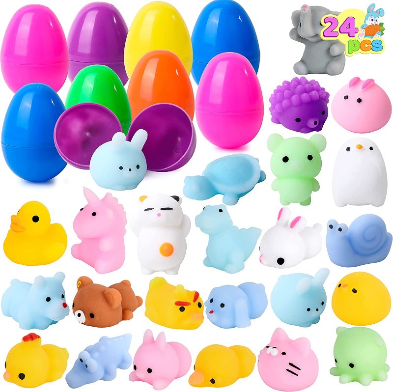 Photo 1 of JOYIN 24 Pieces Mochi Squishy Prefilled Easter Eggs (Toys Inside); Kawaii Foamy Stress Reliever Squishies for Easter Theme Party Favor, Easter Eggs Hunt, Basket Filler, Classroom Prize Supplies
