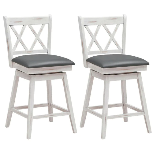 Photo 1 of 2 Pieces 24 Inch Swivel Counter Height Barstool Set with Rubber Wood Legs-White
