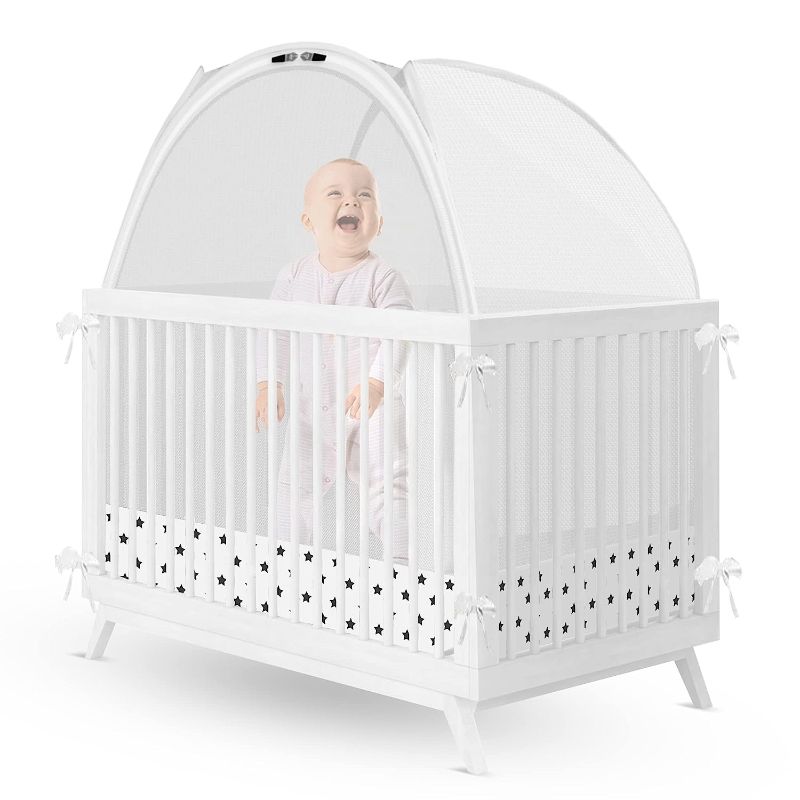 Photo 1 of  Crib Safety Canopy Net Tent Pop Up Mesh Cover Stops Climbing Stuck Limbs See Through Netting for Baby &amp Toddler Bed with Ties Zippers Bags