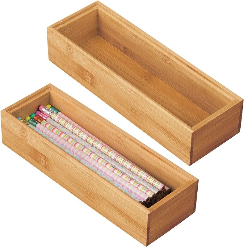 Photo 1 of Wooden Bamboo Office Drawer Organizer Box Tray, Stackable Storage for Drawers, Cabinets, Shelves, Cubby, or Desktop, Hold Pens, Pencils, Supplies, Echo Collection, 2 Pack, Natural Wood Finish