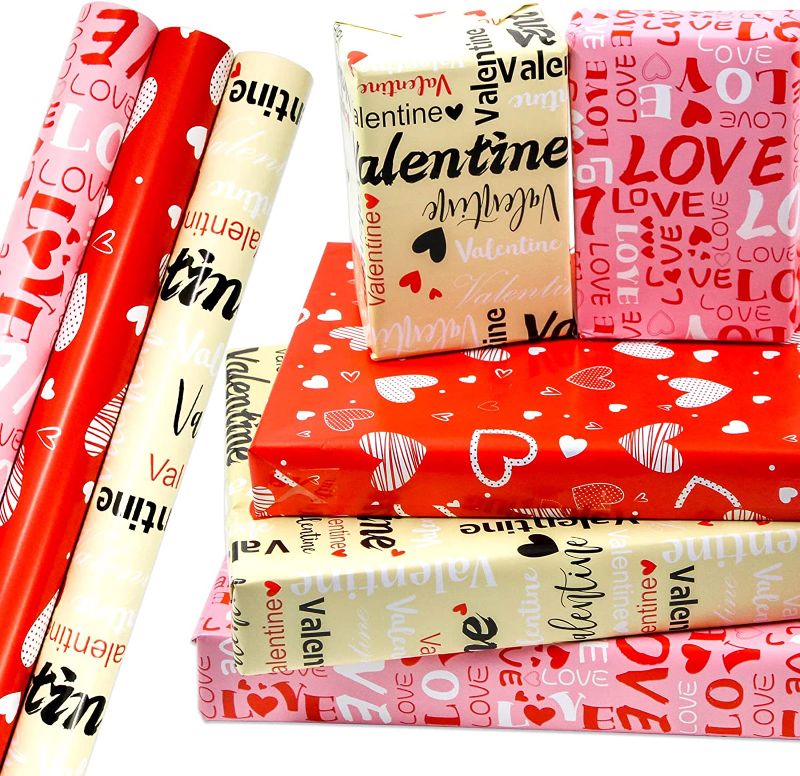 Photo 1 of 4 COUNT........WorldBazaar Valentines Wrapping Paper Roll with Cut Lines Valentine Heart Love Design Gift Wrapping Paper for Valentine’s Day Birthday Holiday 3 Pack Red Pink