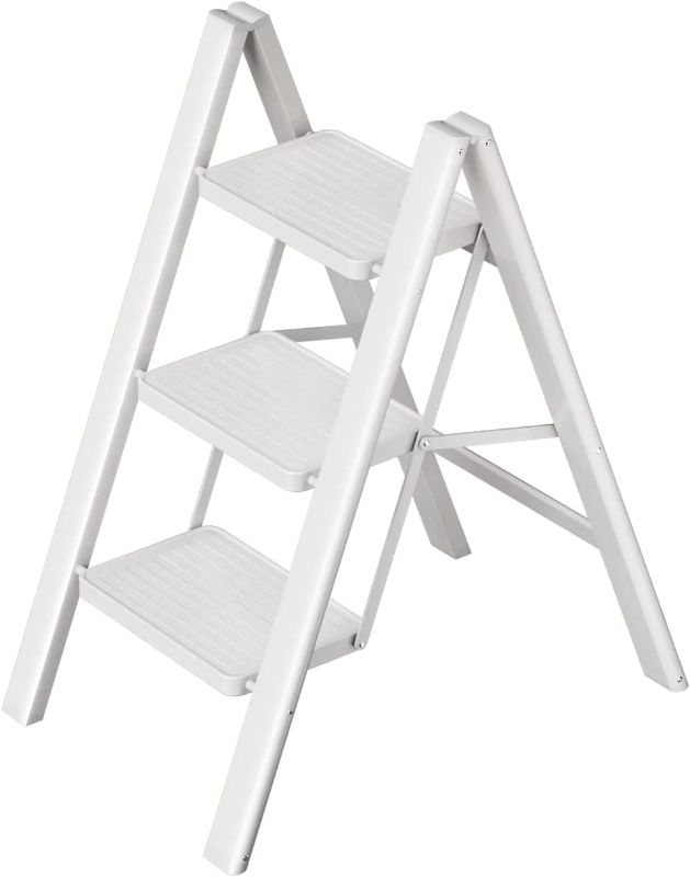 Photo 1 of 3 Step Ladder Folding Step Stool with Wide Anti-Slip Pedal, 330LBS Capacity, Lightweight Portable Stepladder for Home and Kitchen Use,White