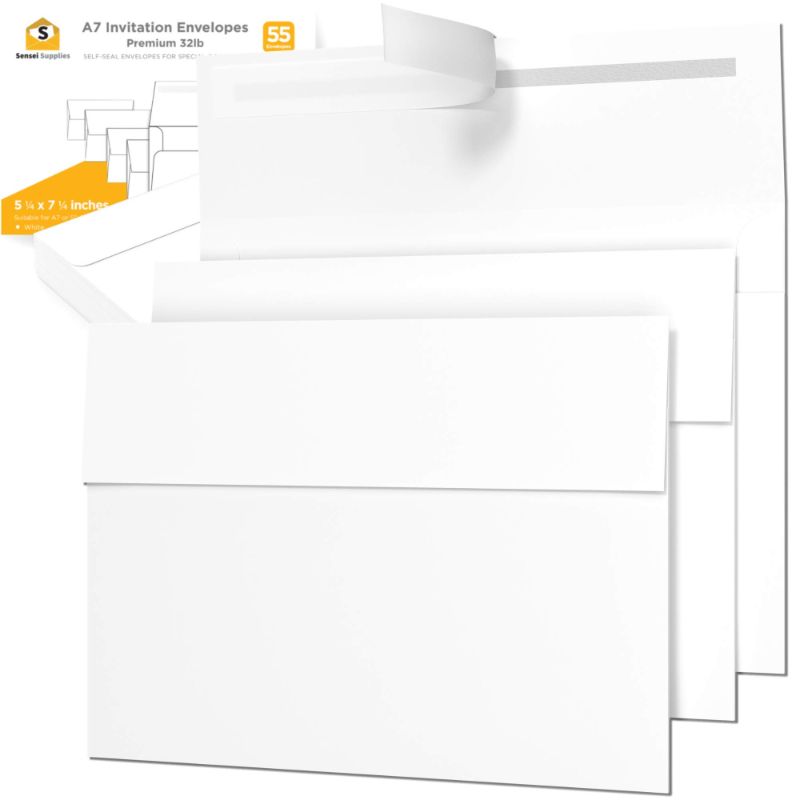 Photo 1 of 55 5x7 White Invitation Envelopes - for 5x7 Cards - A7 - (5 ¼ x 7 ¼ inches) - Perfect for Weddings, Graduations, Baby Showers - 120 GSM - 32lb/80lb Text - Peel, Press & Self Seal - Square Flap 55 White