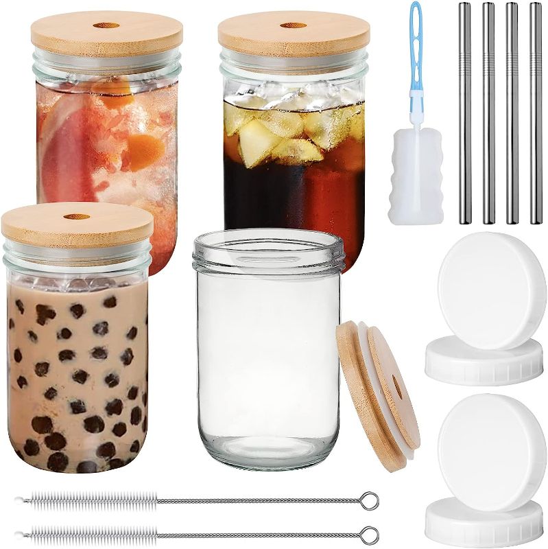 Photo 1 of 4x 620ml (20.9oz) Glass Drinking Jars Set with Lid and Reusable Straw - Mason Style Jam Jar Glasses with Handle