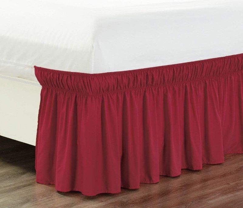 Photo 1 of Wrap Around 18" inch Fall Burgundy Ruffled Elastic Solid Bed Skirt Fits All Queen/King Size Bedding High Thread Count Microfiber Dust Ruffle, Silky Soft & Wrinkle Free.
