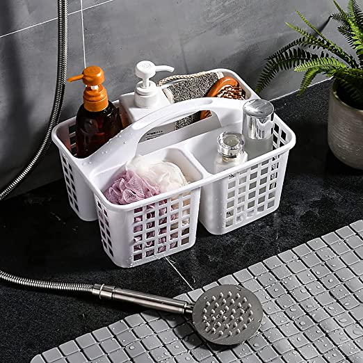 Photo 1 of ALINK Plastic Shower Caddy Basket with Compartments, Portable Divided Cleaning Supply Storage Organizer with Handle for College Dorm Bathroom - White
